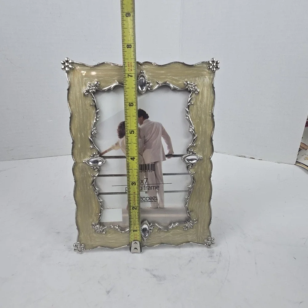 Decorel 5x7 Ornate Filigree Photo Frame Beige Enamel and Jewels Free Standing